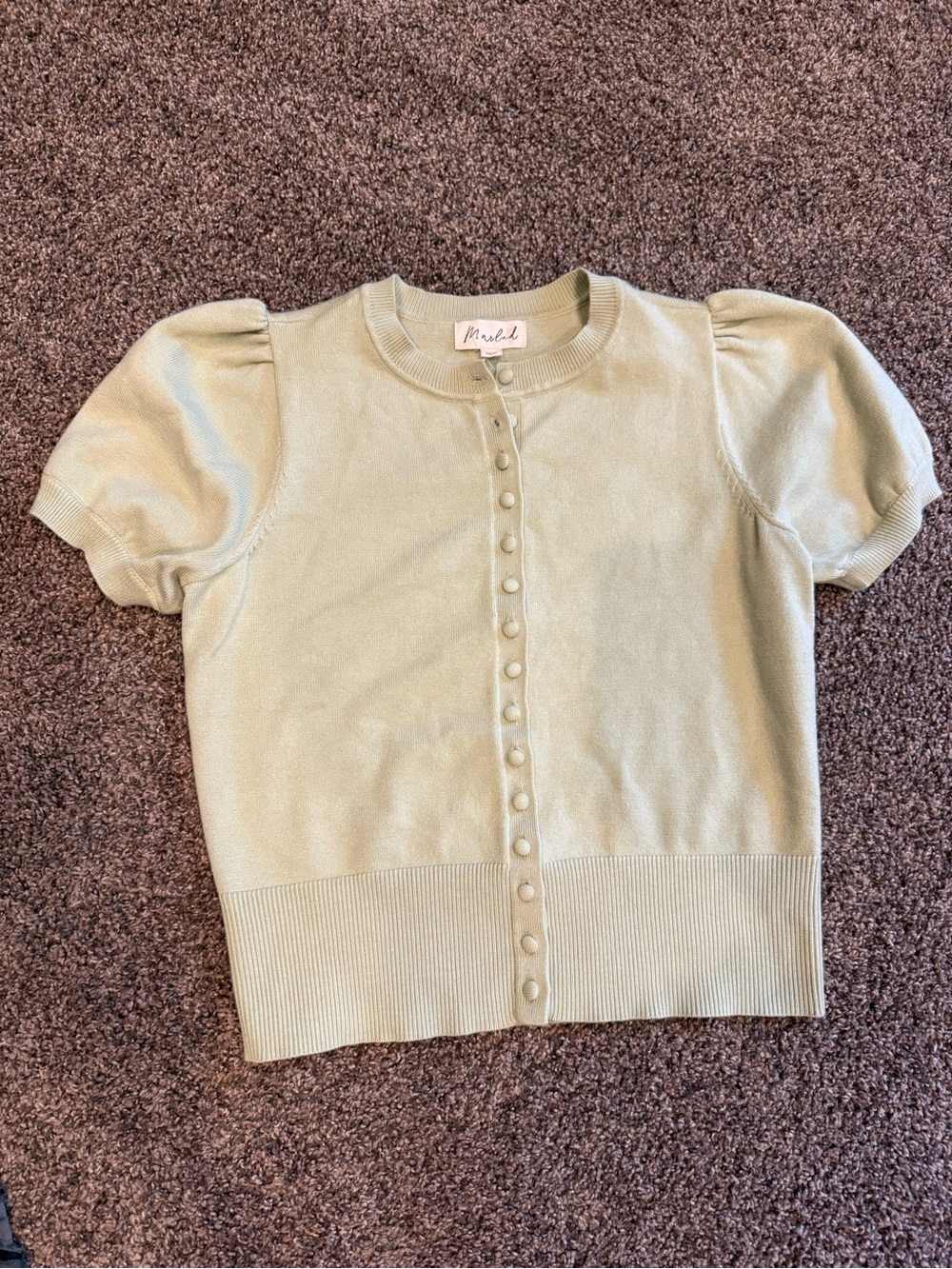 Marled Light Sage Green Puff Sleeve Button-Front Knit Top